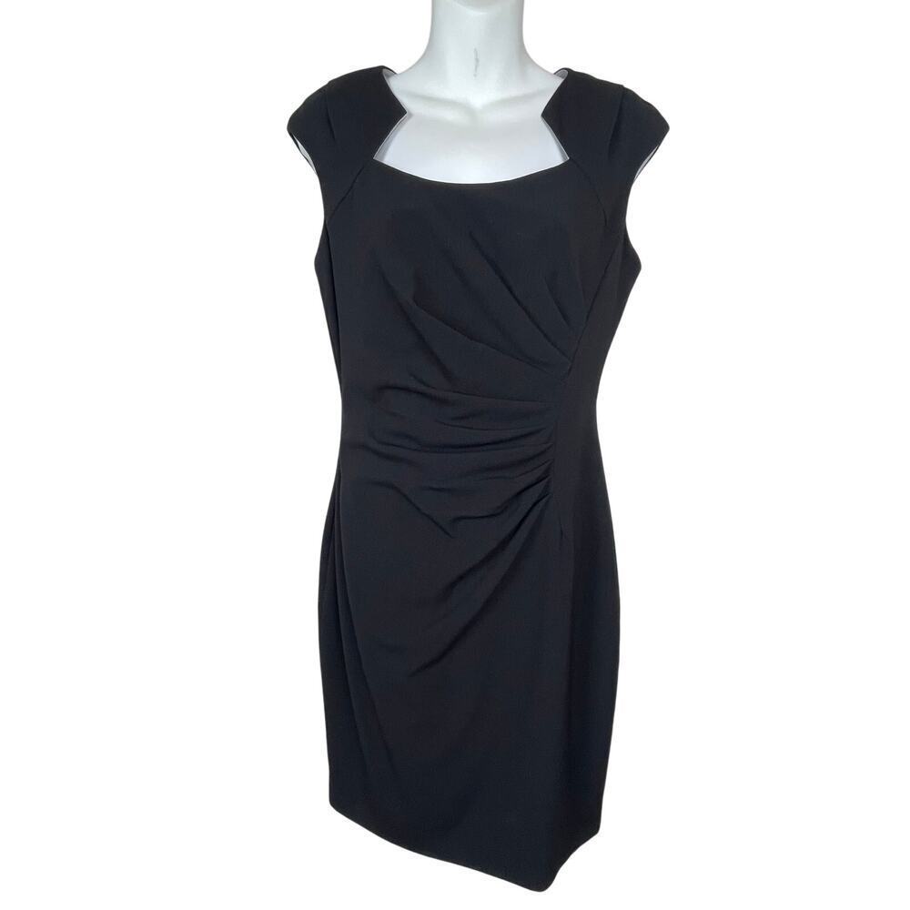 Calvin Klein Black Shift Dress‎ Career 6  Zipper Square Neck Cap Sleeves Gather
